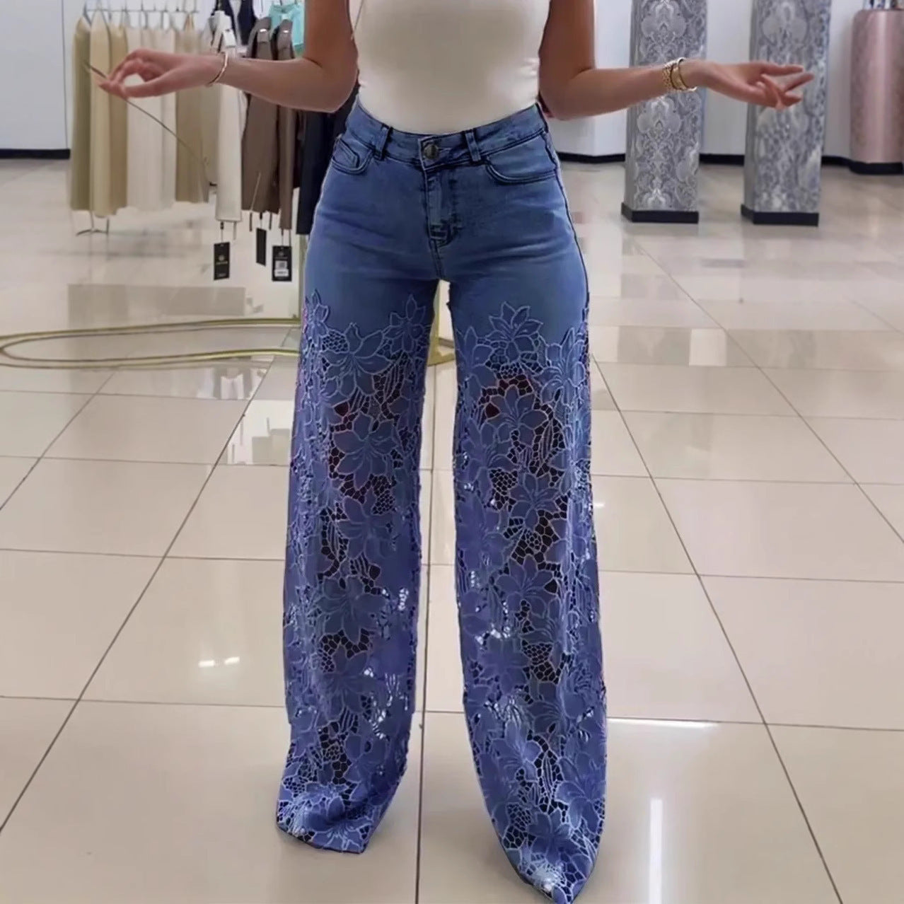 High Waisted Y2K Laced Flower Flared Jeans