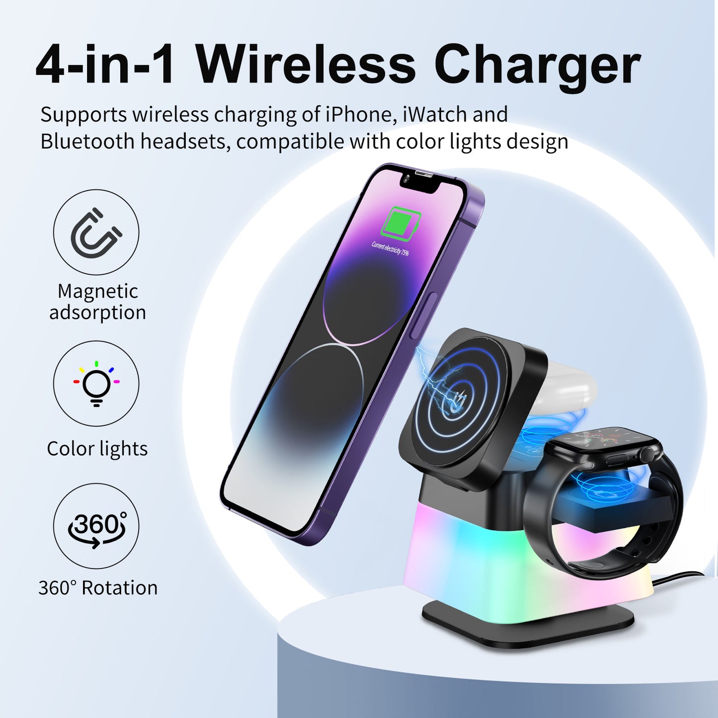4 in 1 drehbarer kabelloser Ladeständer für iPhone 15 14 13 12 Pro Max 8 7 magnetische Schnellladestation