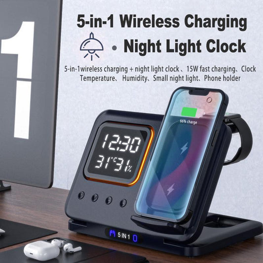 15W Wireless Charging Stand With 5 In1 LED Digital Alarm Clock