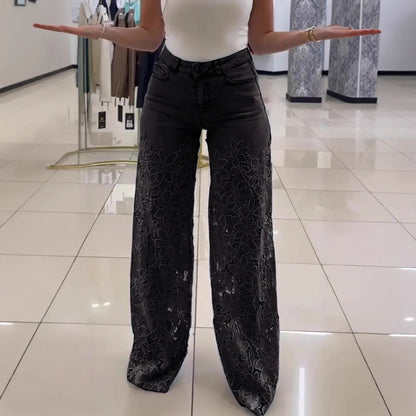 High Waisted Y2K Laced Flower Flared Jeans