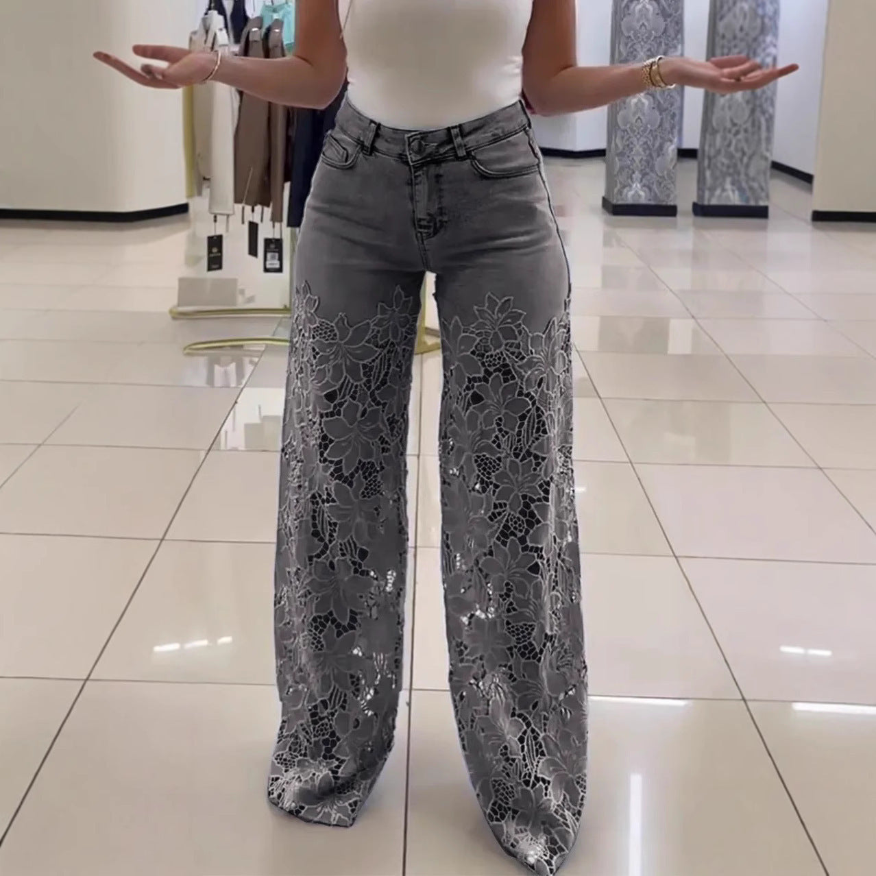 High Waisted Y2K Laced Flower Flared Jeans