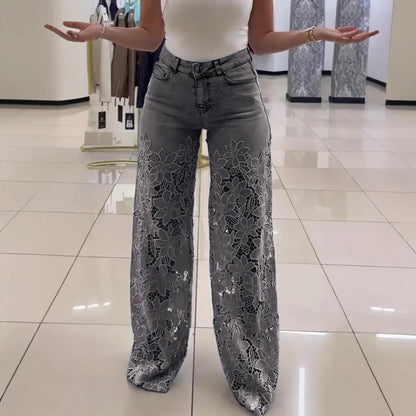 High Waisted Y2K Laced Flower Flared Jeans