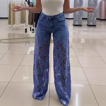 High Waisted Y2K Laced Flower Flared Jeans