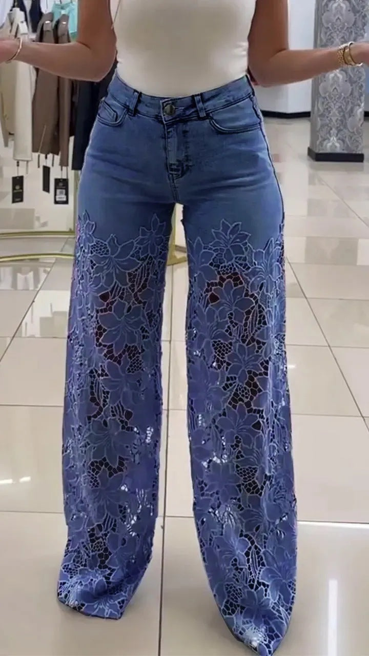 High Waisted Y2K Laced Flower Flared Jeans