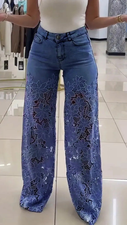 High Waisted Y2K Laced Flower Flared Jeans