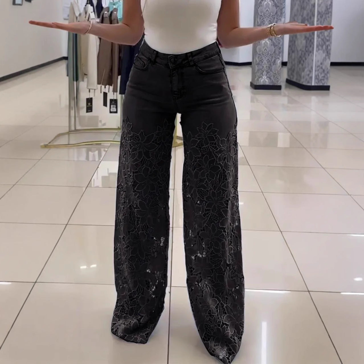 High Waisted Y2K Laced Flower Flared Jeans